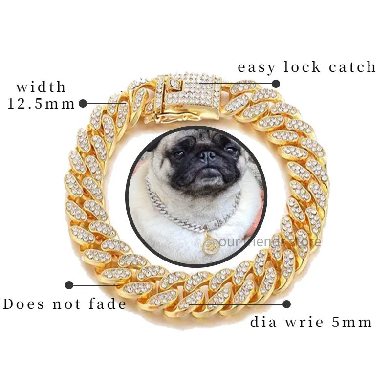 Bling Rhinestone Gold Chain Choke Collar | Durable Slip Collar for pets