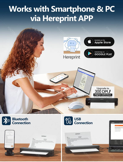 300DPI/200dpi Mini A4 A5 Portable Thermal Printer HPRT MT610-Pro Bluetooth Connect to Android iOS for Office Travel Home Use