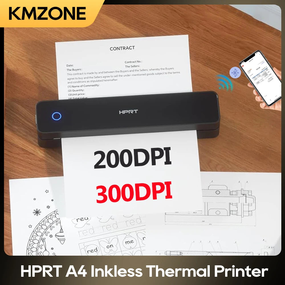 300DPI/200dpi Mini A4 A5 Portable Thermal Printer HPRT MT610-Pro Bluetooth Connect to Android iOS for Office Travel Home Use