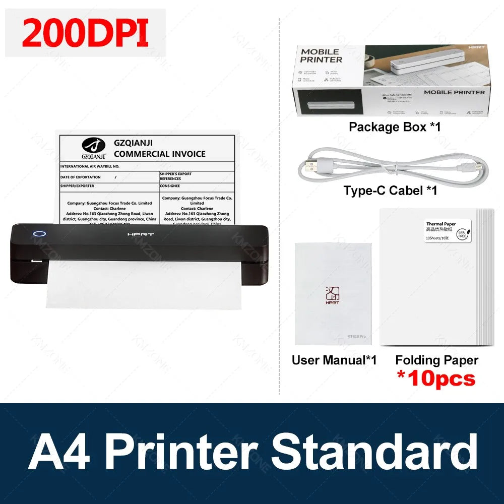 300DPI/200dpi Mini A4 A5 Portable Thermal Printer HPRT MT610-Pro Bluetooth Connect to Android iOS for Office Travel Home Use