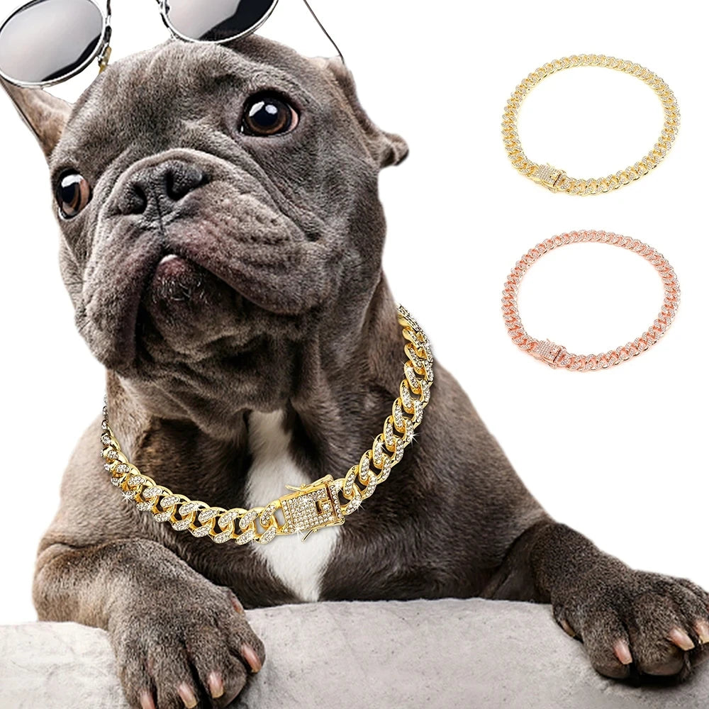 Bling Rhinestone Gold Chain Choke Collar | Durable Slip Collar for pets