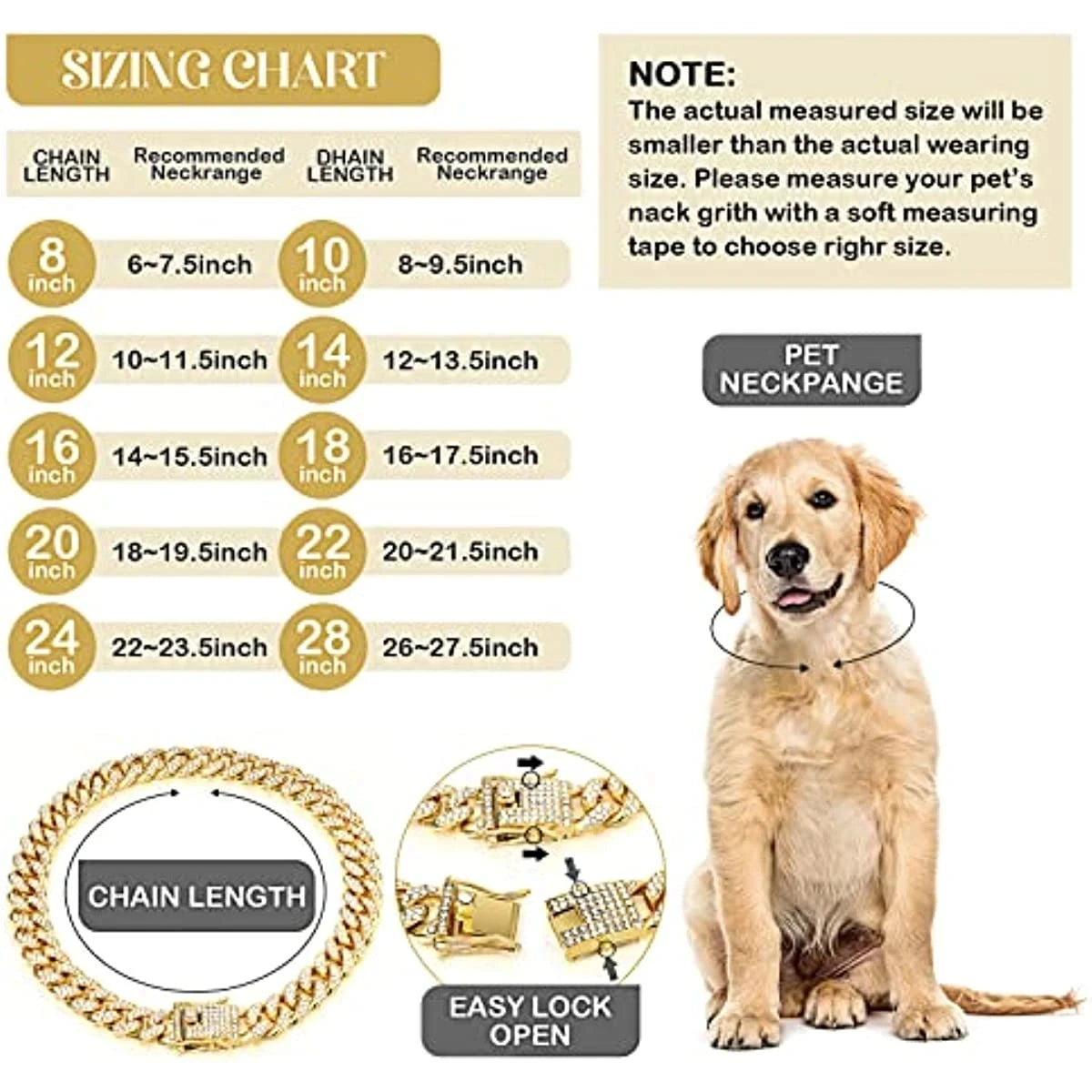 Bling Rhinestone Gold Chain Choke Collar | Durable Slip Collar for pets